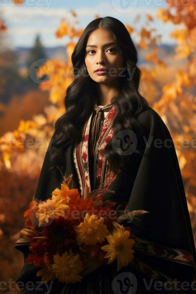 photo of emotional dynamic pose Mexican woman in autumn AI Generative