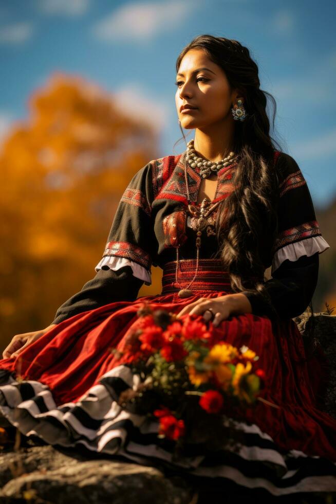 photo of emotional dynamic pose Mexican woman in autumn AI Generative