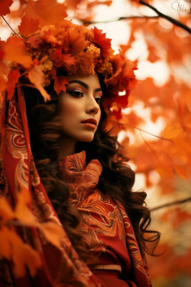 photo of emotional dynamic pose Mexican woman in autumn AI Generative