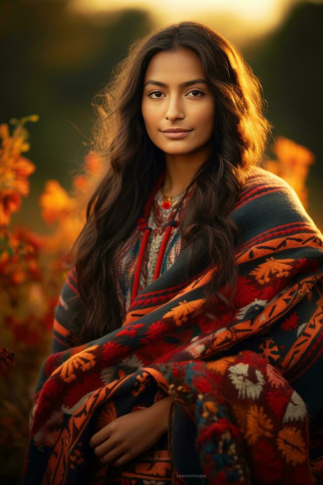 photo of emotional dynamic pose Mexican woman in autumn AI Generative