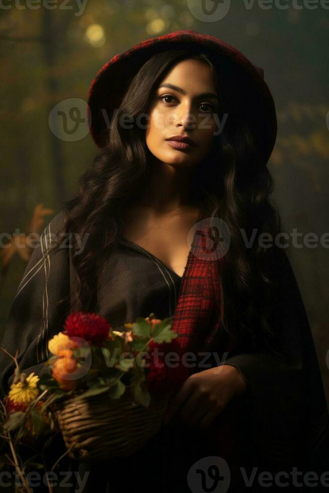 photo of emotional dynamic pose Mexican woman in autumn AI Generative