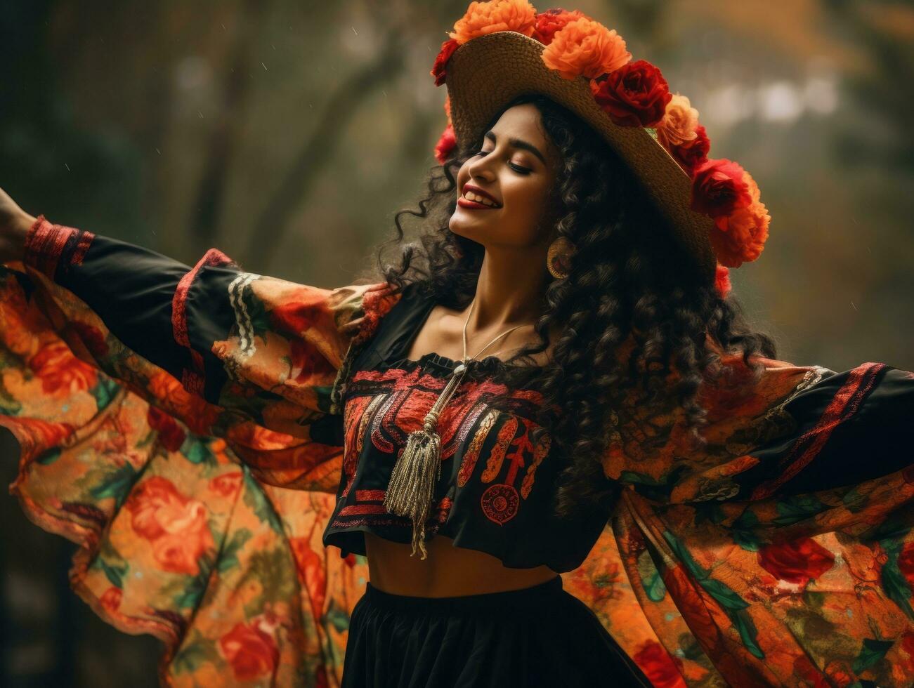 photo of emotional dynamic pose Mexican woman in autumn AI Generative