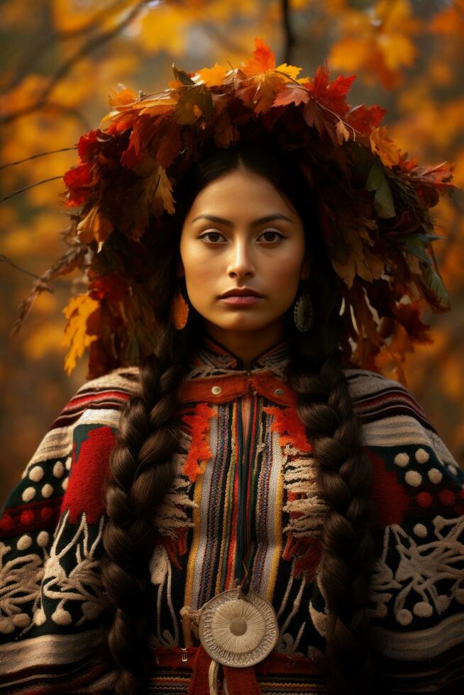 photo of emotional dynamic pose Mexican woman in autumn AI Generative