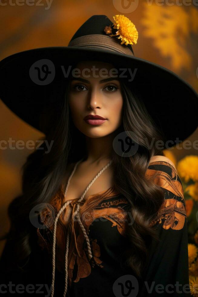 photo of emotional dynamic pose Mexican woman in autumn AI Generative