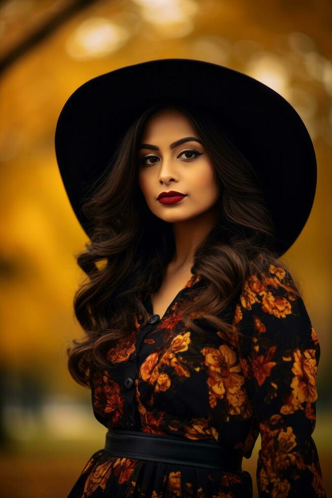 photo of emotional dynamic pose Mexican woman in autumn AI Generative