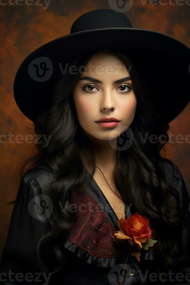 photo of emotional dynamic pose Mexican woman in autumn AI Generative