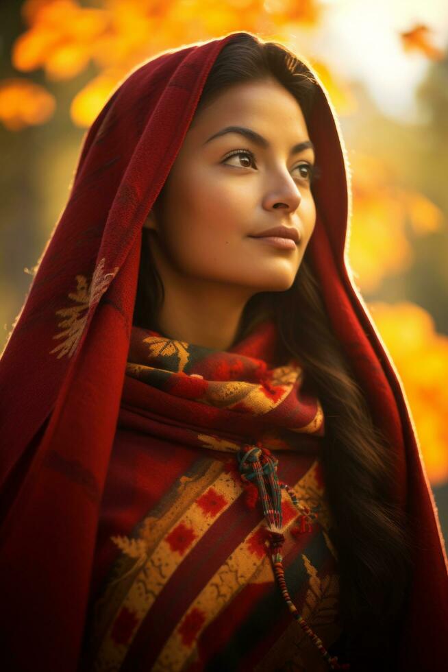 photo of emotional dynamic pose Mexican woman in autumn AI Generative