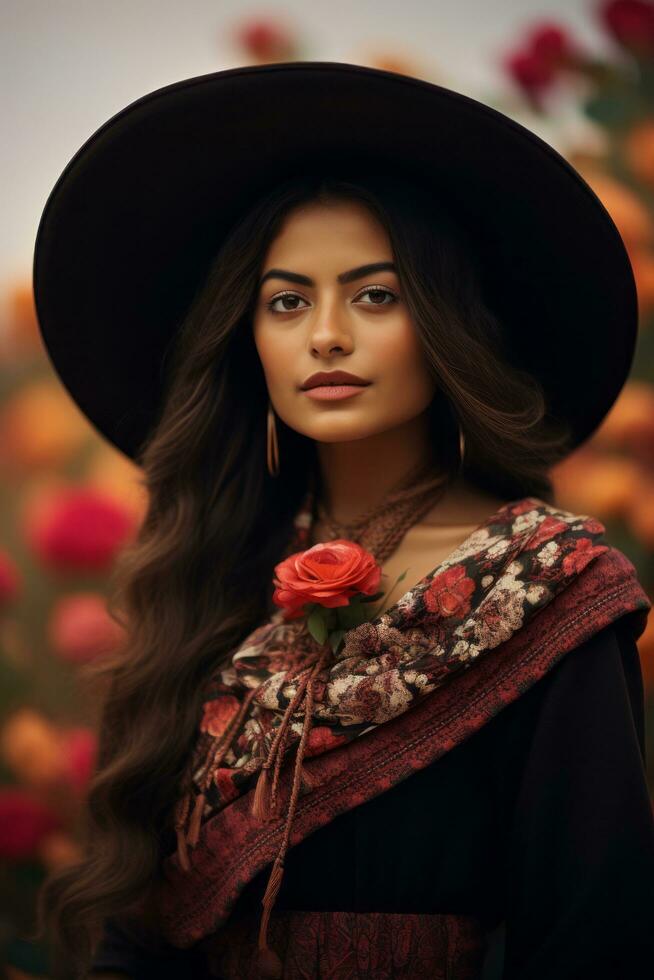 photo of emotional dynamic pose Mexican woman in autumn AI Generative