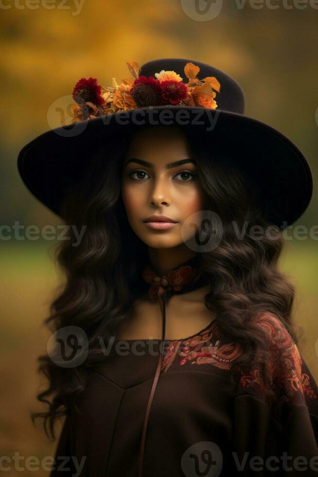 photo of emotional dynamic pose Mexican woman in autumn AI Generative