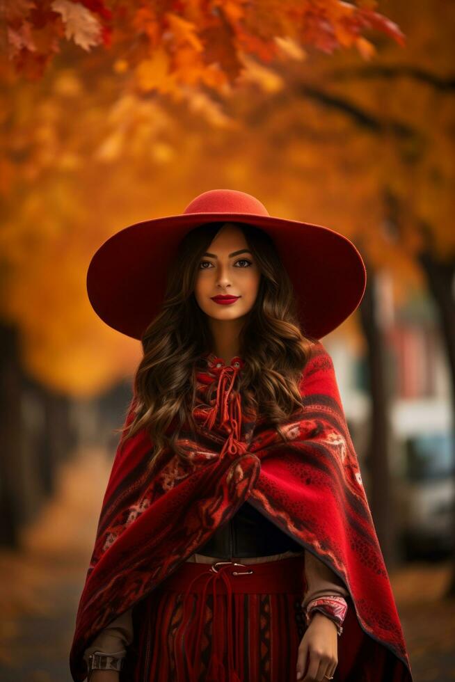 foto de emocional dinámica actitud mexicano mujer en otoño ai generativo