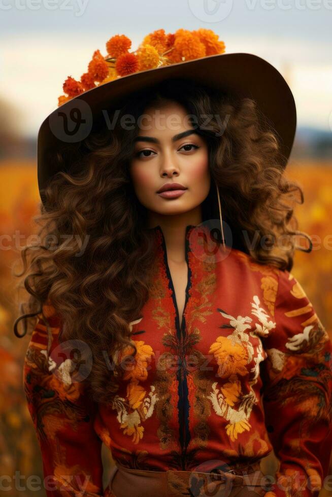 photo of emotional dynamic pose Mexican woman in autumn AI Generative