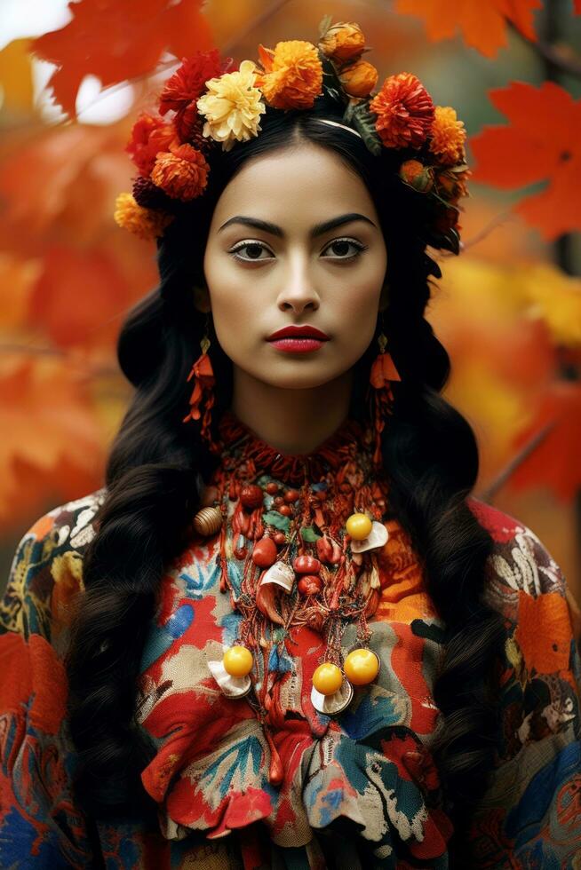 photo of emotional dynamic pose Mexican woman in autumn AI Generative