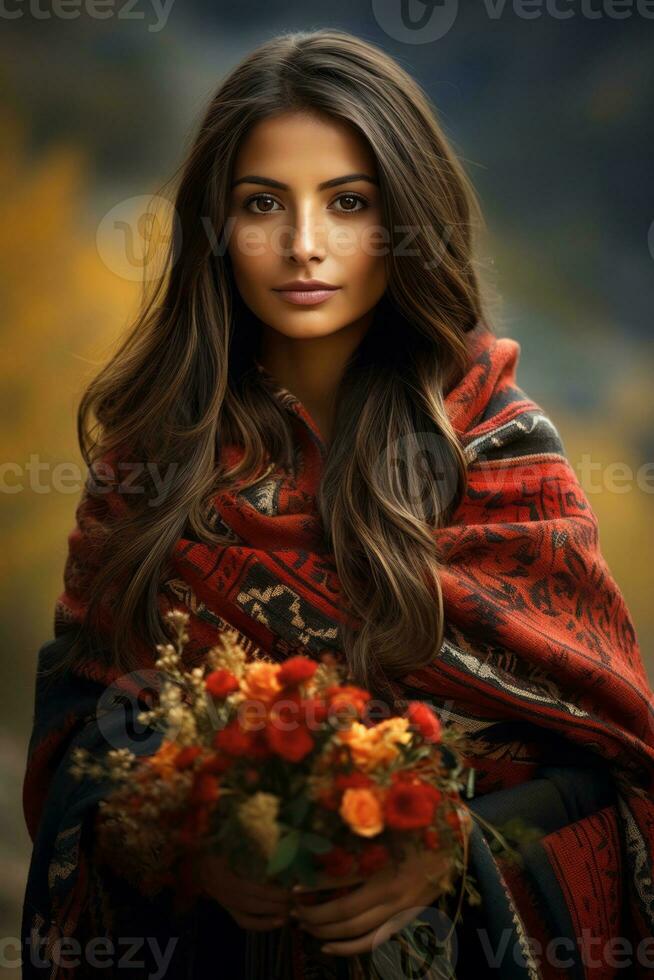 photo of emotional dynamic pose Mexican woman in autumn AI Generative