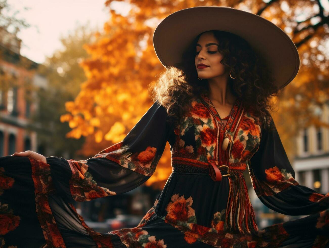 photo of emotional dynamic pose Mexican woman in autumn AI Generative