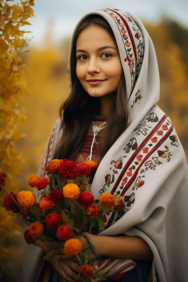 photo of emotional dynamic pose Mexican woman in autumn AI Generative