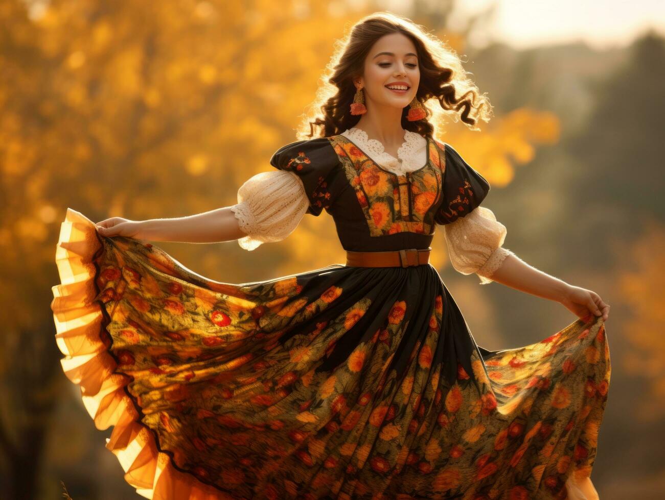 photo of emotional dynamic pose Mexican woman in autumn AI Generative