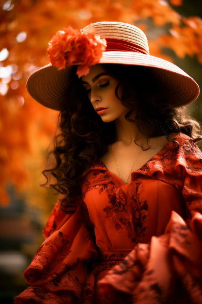 photo of emotional dynamic pose Mexican woman in autumn AI Generative