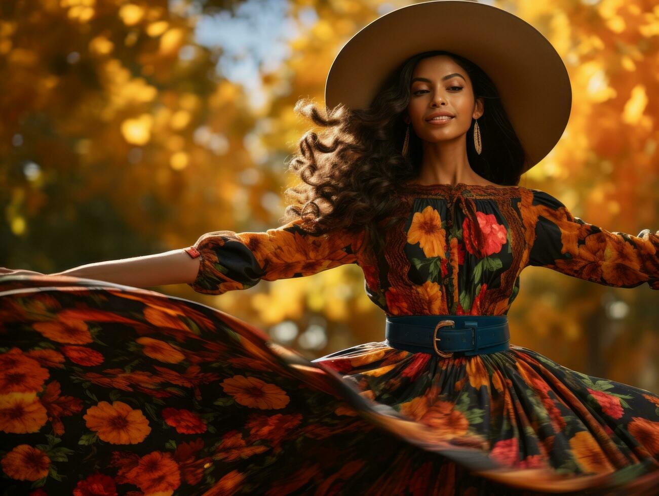 photo of emotional dynamic pose Mexican woman in autumn AI Generative