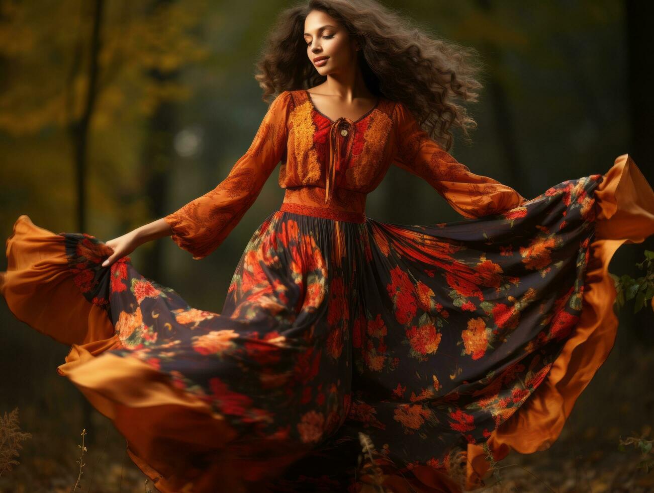 photo of emotional dynamic pose Mexican woman in autumn AI Generative