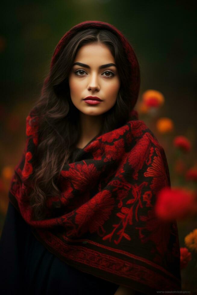 photo of emotional dynamic pose Mexican woman in autumn AI Generative