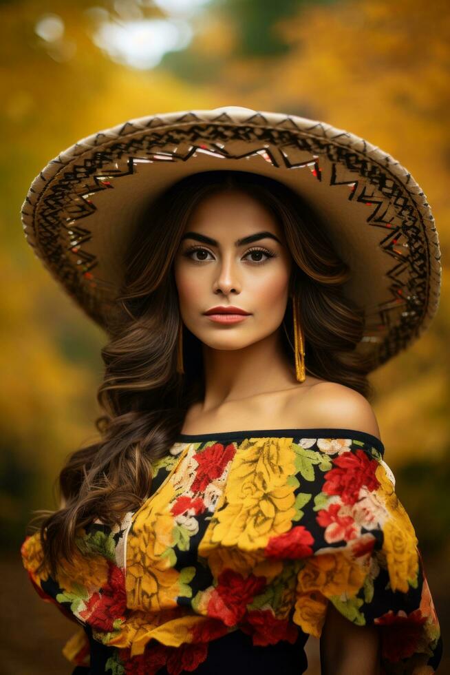 foto de emocional dinámica actitud mexicano mujer en otoño ai generativo