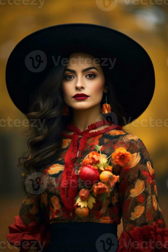 photo of emotional dynamic pose Mexican woman in autumn AI Generative