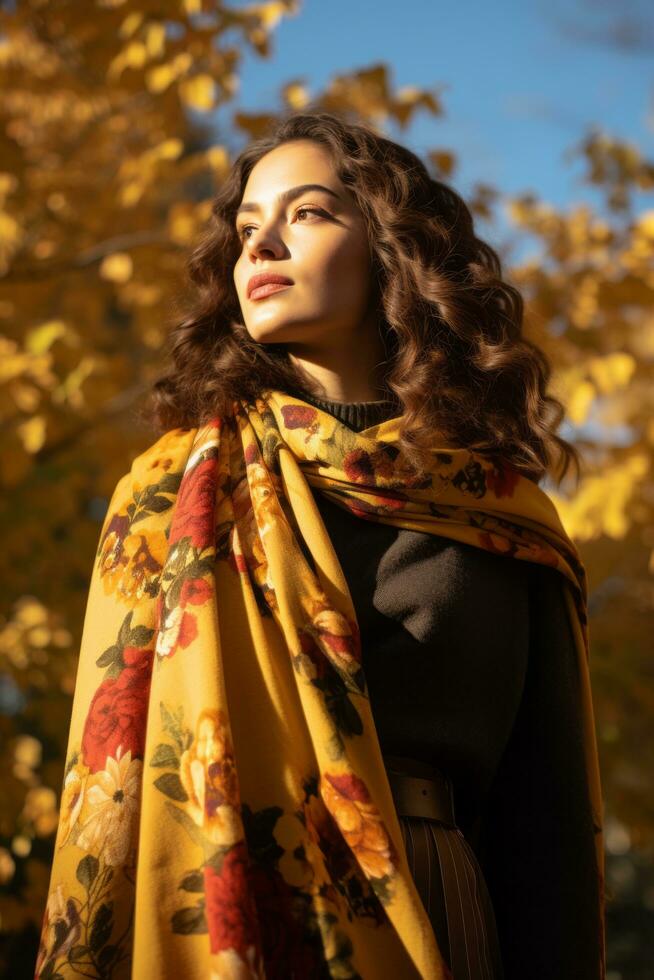 photo of emotional dynamic pose Mexican woman in autumn AI Generative