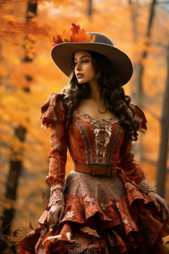 photo of emotional dynamic pose Mexican woman in autumn AI Generative