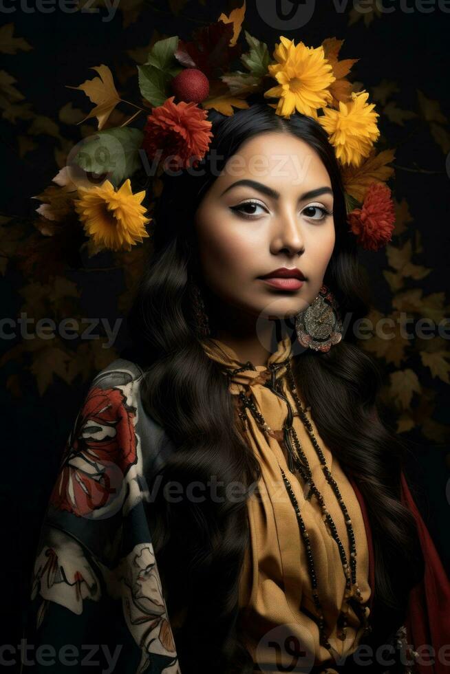 photo of emotional dynamic pose Mexican woman in autumn AI Generative