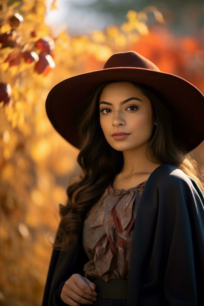 photo of emotional dynamic pose Mexican woman in autumn AI Generative