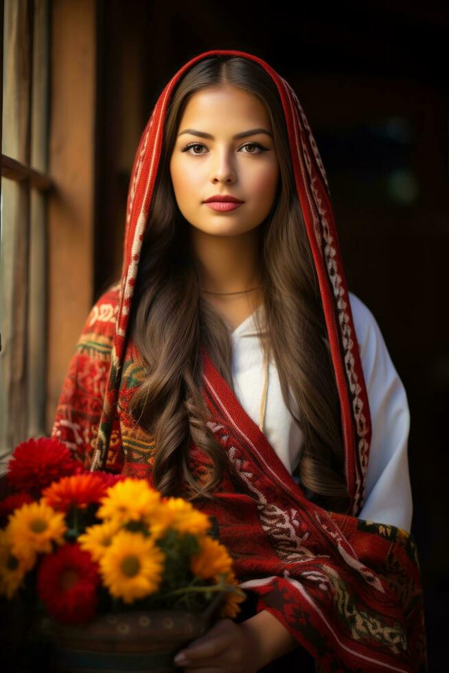 photo of emotional dynamic pose Mexican woman in autumn AI Generative