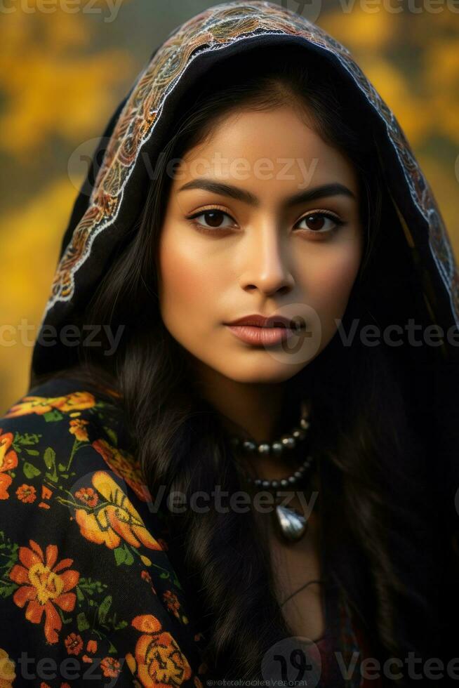 foto de emocional dinámica actitud mexicano mujer en otoño ai generativo