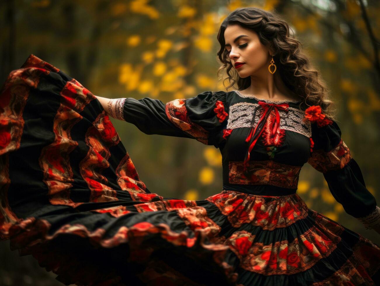 photo of emotional dynamic pose Mexican woman in autumn AI Generative