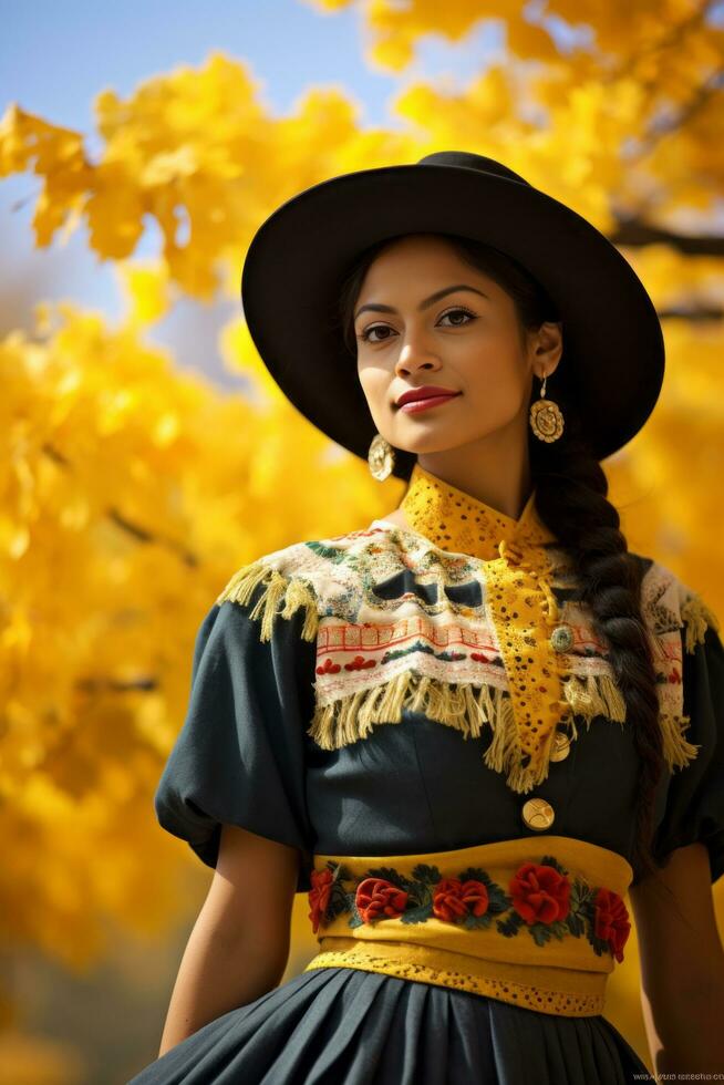 photo of emotional dynamic pose Mexican woman in autumn AI Generative