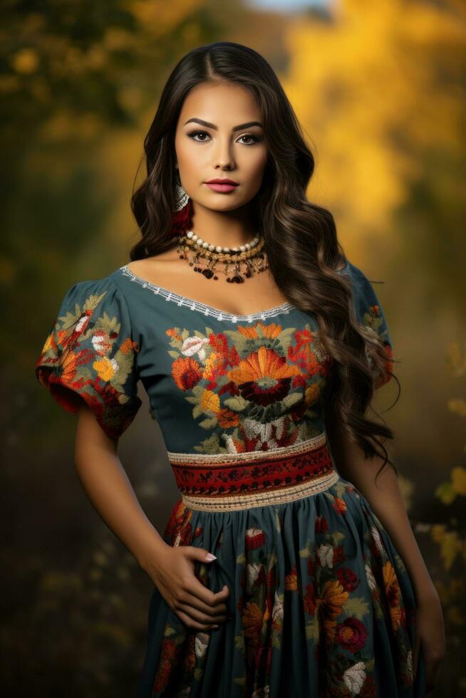 foto de emocional dinámica actitud mexicano mujer en otoño ai generativo