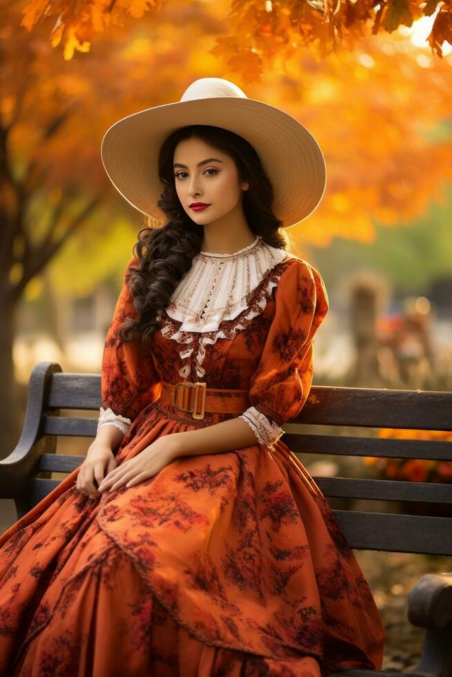 photo of emotional dynamic pose Mexican woman in autumn AI Generative