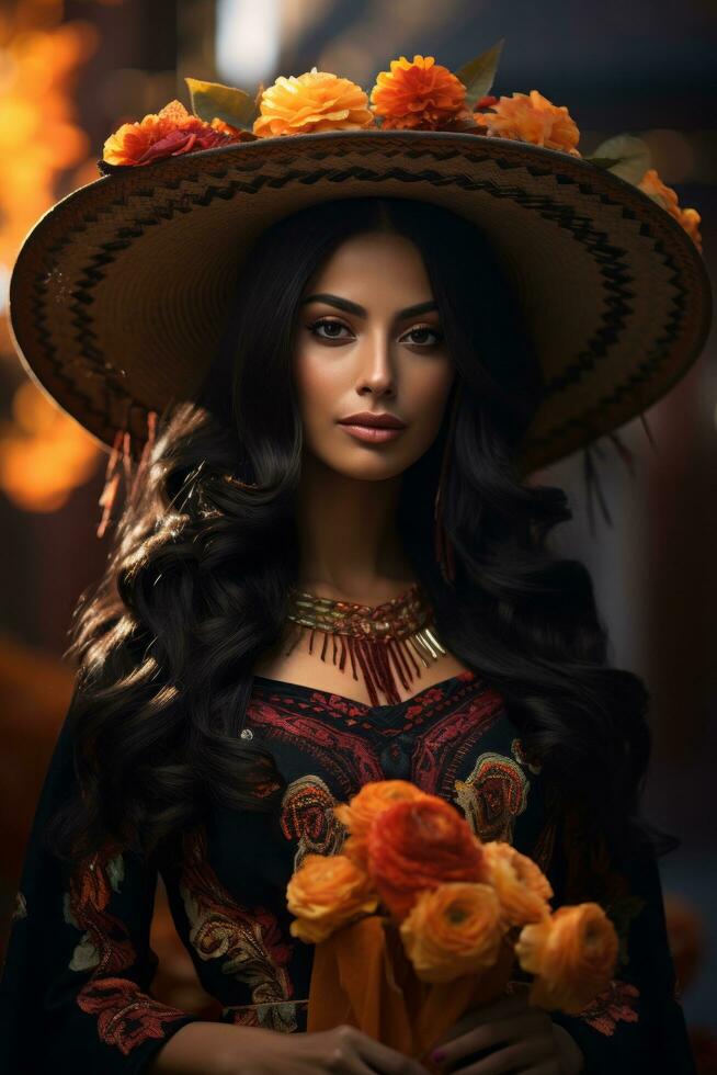 photo of emotional dynamic pose Mexican woman in autumn AI Generative