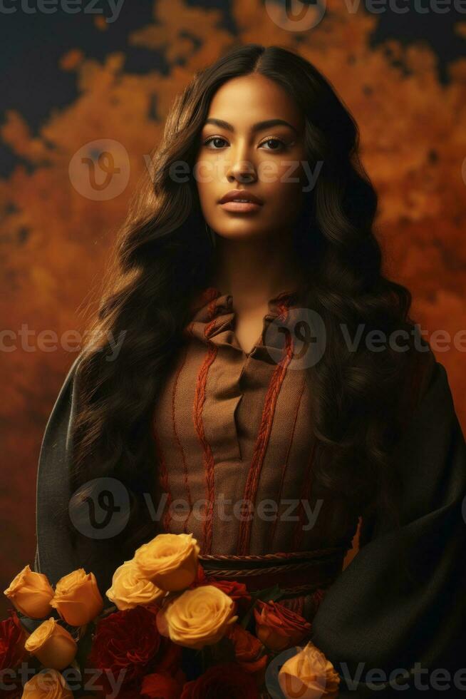 photo of emotional dynamic pose Mexican woman in autumn AI Generative