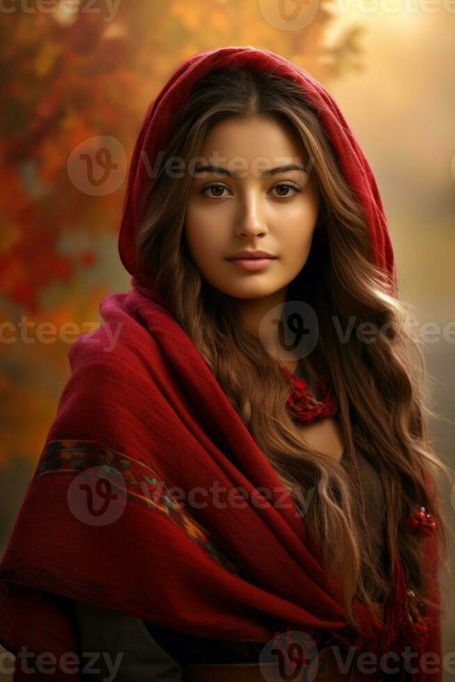 photo of emotional dynamic pose Mexican woman in autumn AI Generative