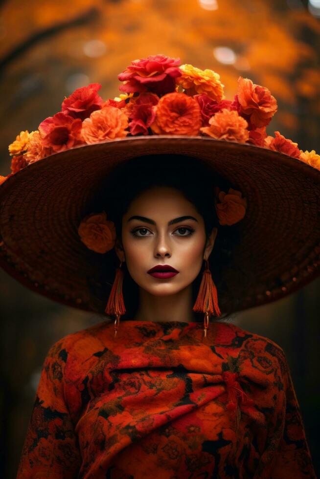 photo of emotional dynamic pose Mexican woman in autumn AI Generative