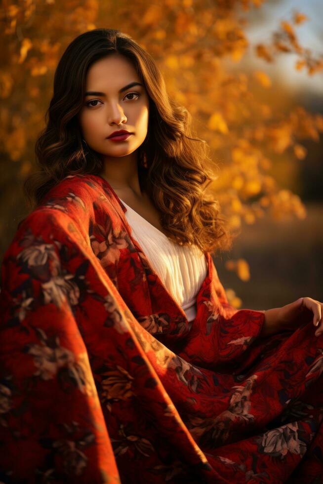 photo of emotional dynamic pose Mexican woman in autumn AI Generative