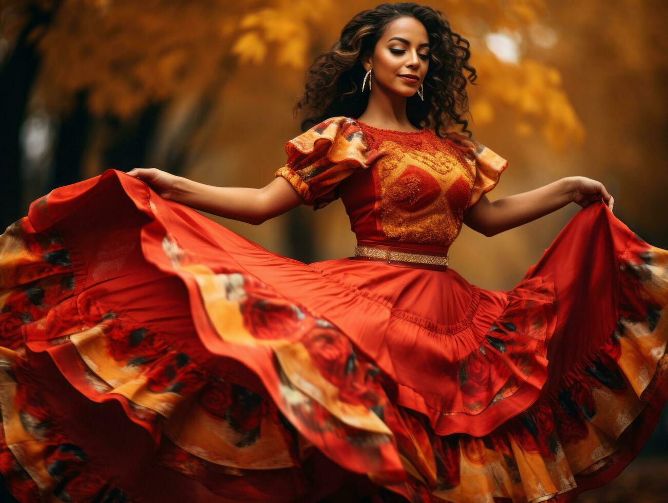 photo of emotional dynamic pose Mexican woman in autumn AI Generative