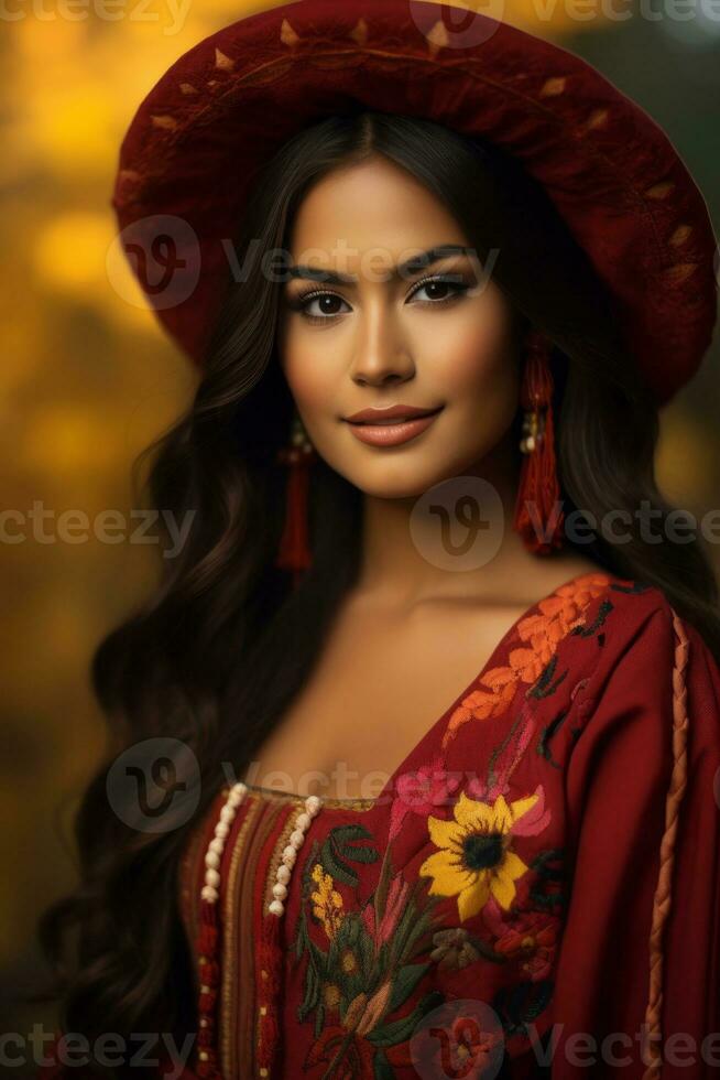 photo of emotional dynamic pose Mexican woman in autumn AI Generative