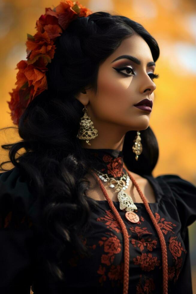 photo of emotional dynamic pose Mexican woman in autumn AI Generative