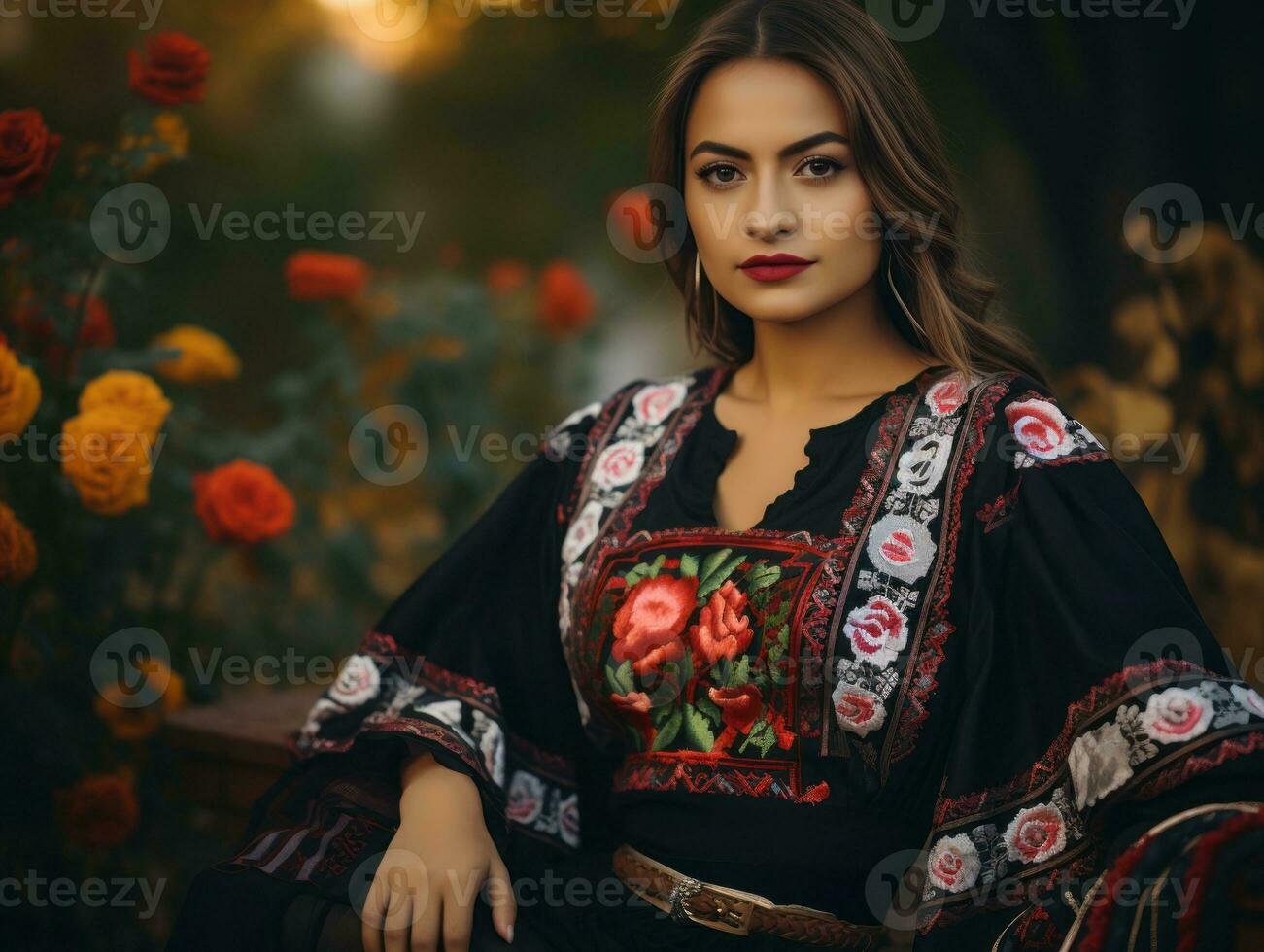 photo of emotional dynamic pose Mexican woman in autumn AI Generative