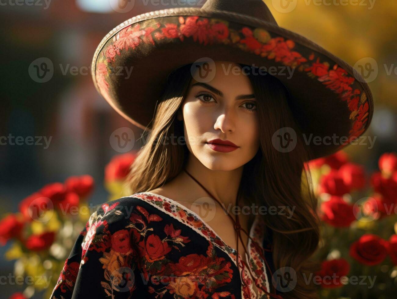 photo of emotional dynamic pose Mexican woman in autumn AI Generative