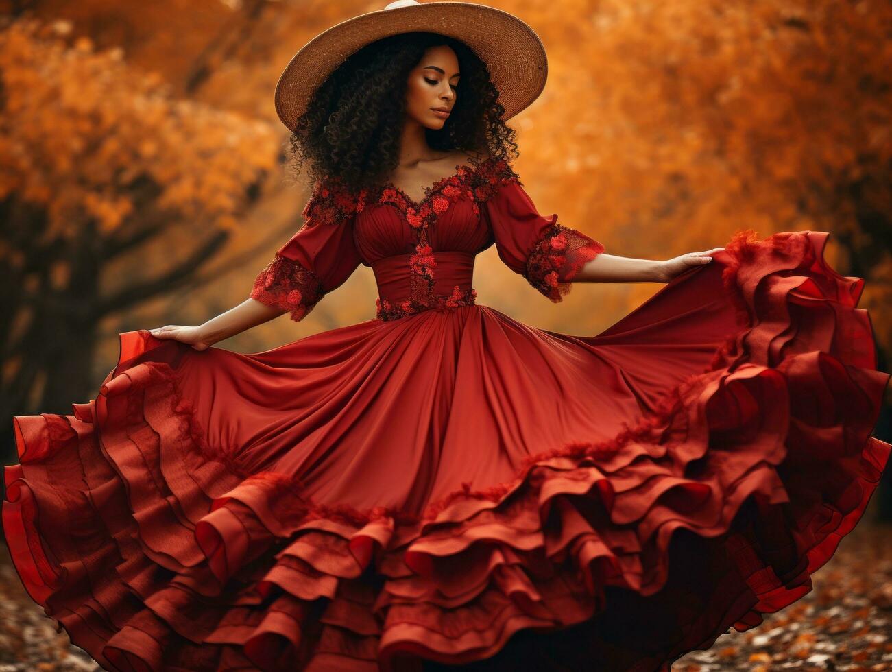 photo of emotional dynamic pose Mexican woman in autumn AI Generative