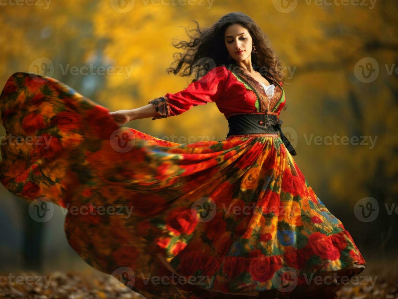 photo of emotional dynamic pose Mexican woman in autumn AI Generative