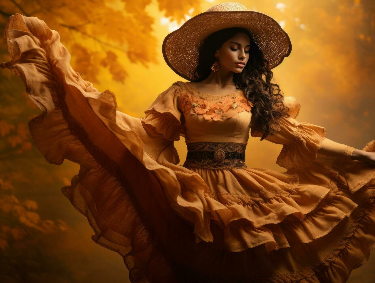 photo of emotional dynamic pose Mexican woman in autumn AI Generative