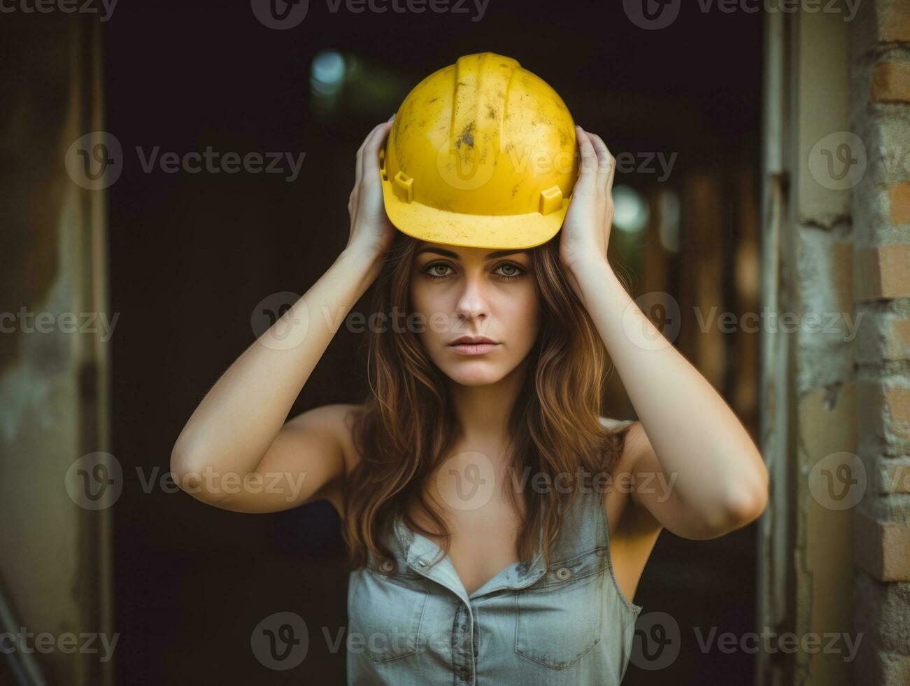 photo shot of a natural woman working as a construction worker AI Generative